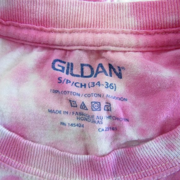 Women's Size S/P 34-36 Pink Tie Dye Cotton T-Shirt Short Sleeve Crew Neck GILDAN - Picture 4 of 4